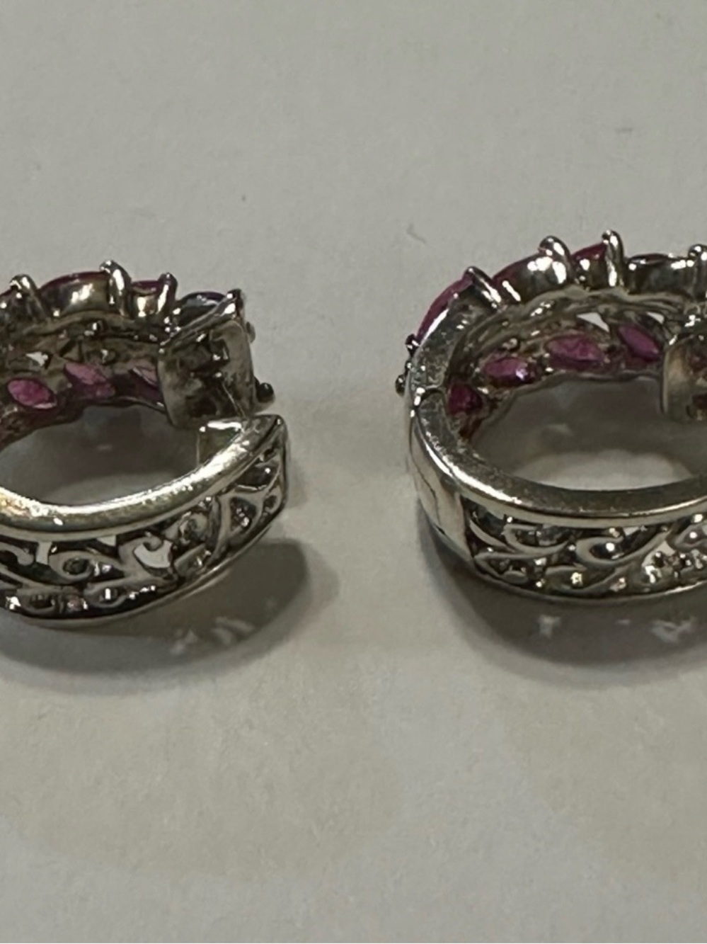 Vintage Sterling Silver Pink/Red Ruby Hinged Huggie Earrings For Pierced Ears - Picture 5 of 10
